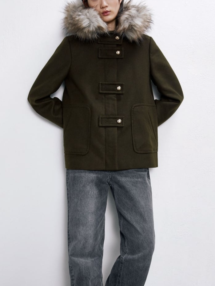 ZARA Coat With Faux Fur Hood Grey เฟอร์ ตัวสั้น