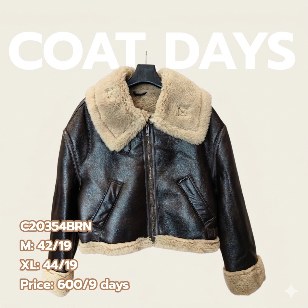 V Jacket หนัง ตัวหนา สั้น บุขน น้ำตาล
