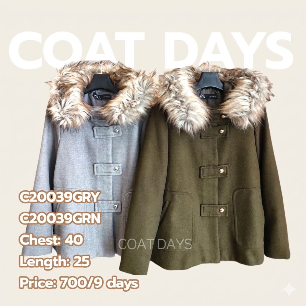 ZARA coat with faux fur hood grey โค้ทวูลเฟอ ตัวสั้น กระดุมล็อค เทา