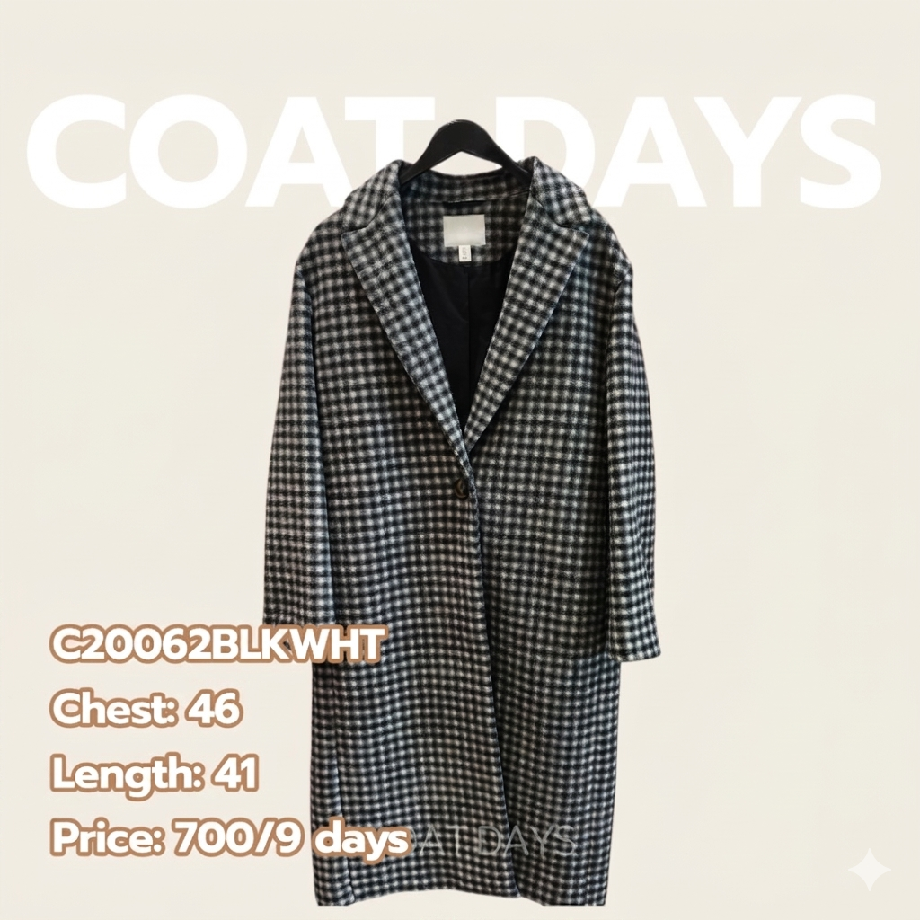 H&M basic long wool coat ลายตาราง ขาวดำ