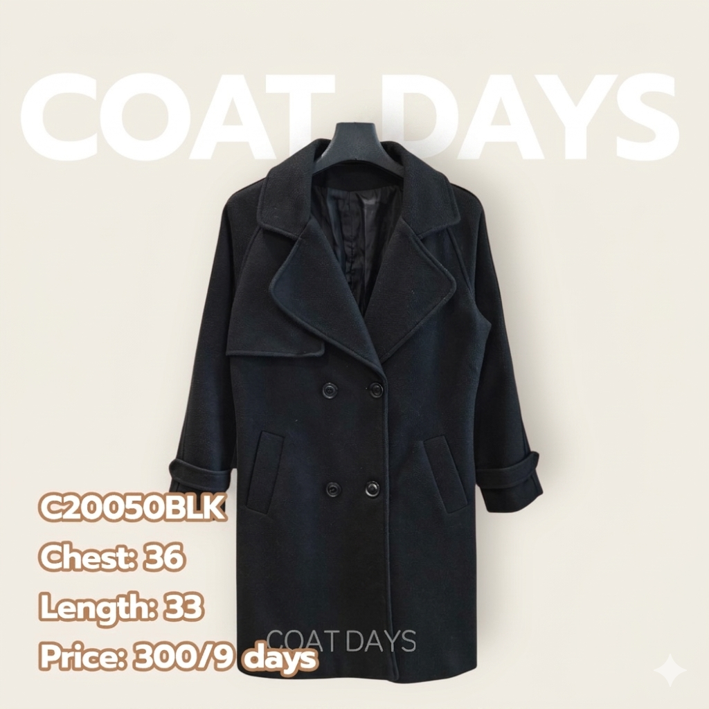 Casual Collar belt wool coat ปกใหญ่ ปลายแขนเข็มขัด ดำ