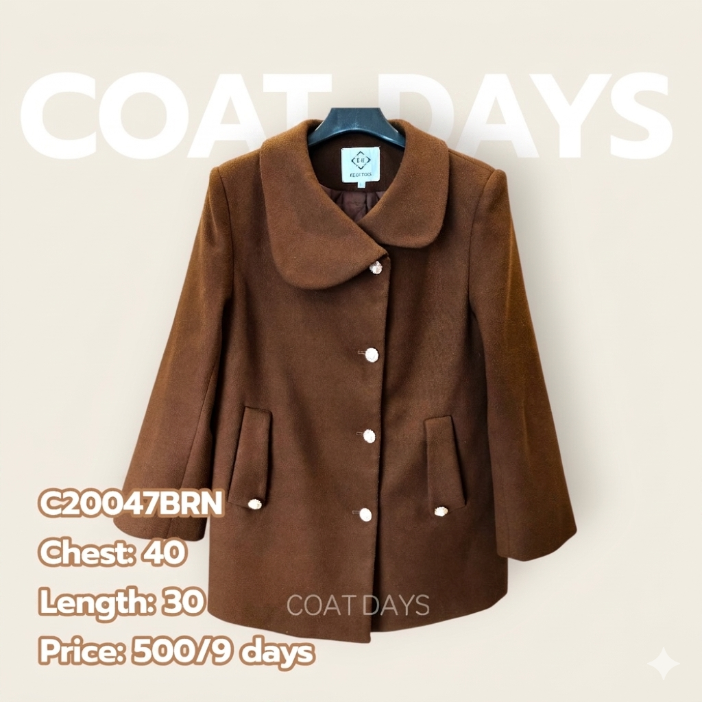 CoatOver Coat wool น้ำตาลเข้ม กระดุมดอกไม้ คอบัว